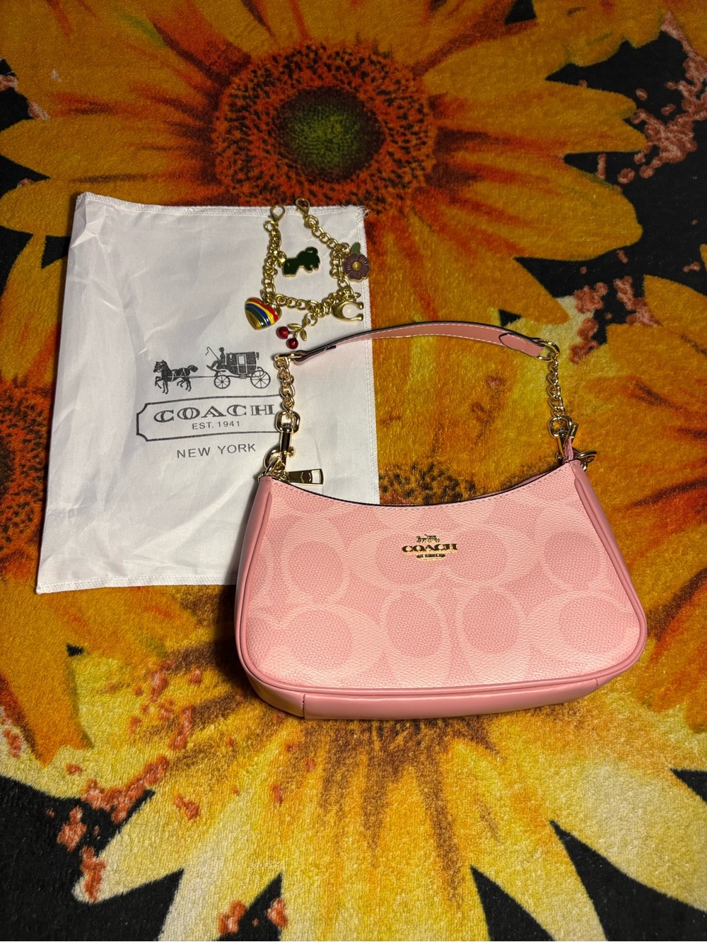 Coach Pink Signature Mini Shoulder Bag with Gold Charm Chain